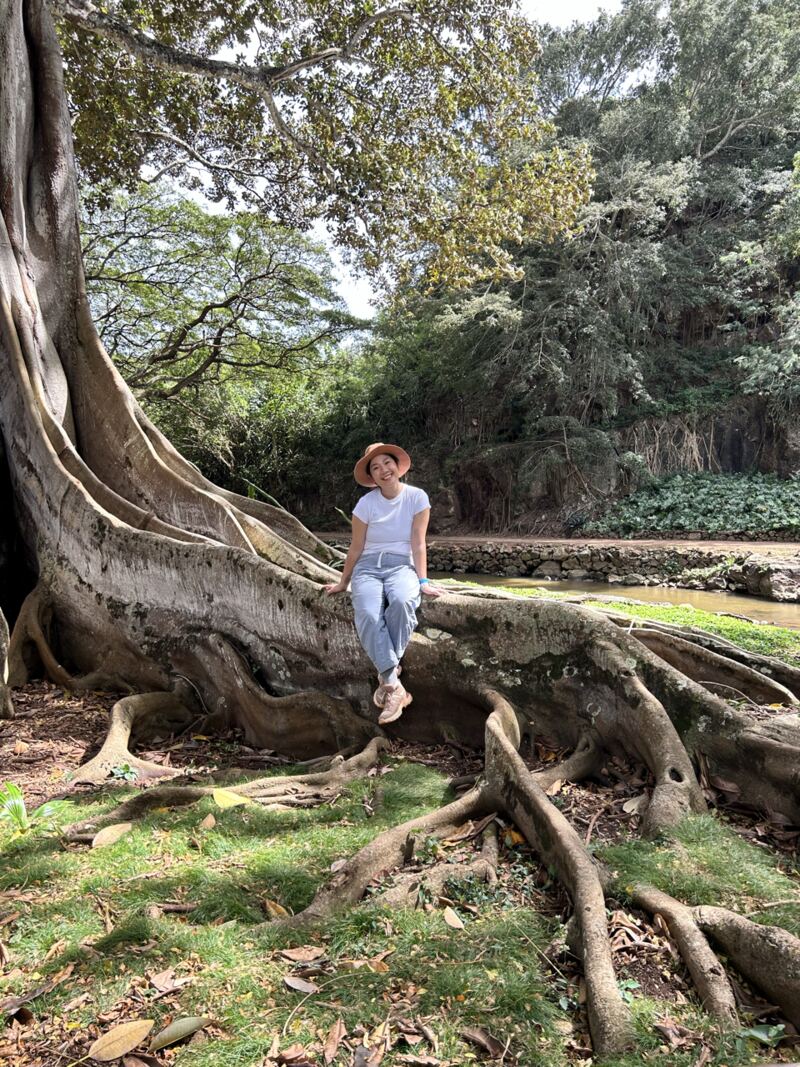 Aiqi Li, UX designer for legal tech, sitting on the roots of a large tree